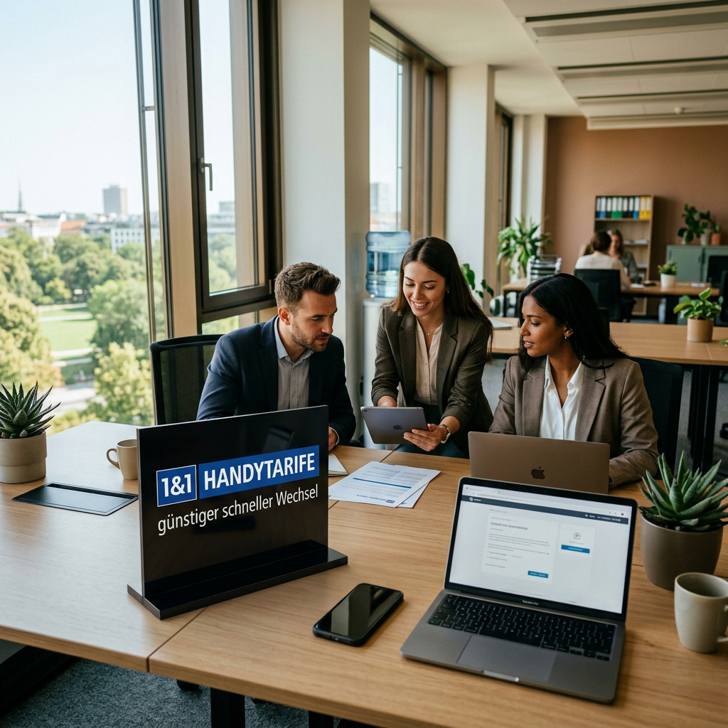 Three business professionals discussing mobile tariff plans around a table with laptops and tablets